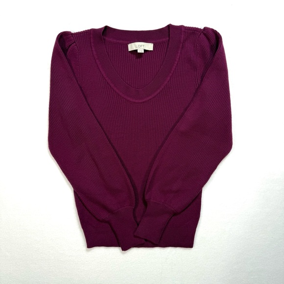 LOFT Womens Ribbed Puff Sleeve Sweater Size XS Shirt Plum Knit Top Cute - Picture 2 of 6
